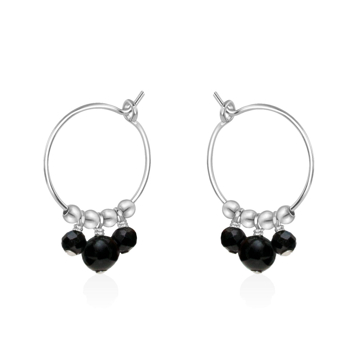 Black Tourmaline Gemstone Bead Drop Hoop Earrings
