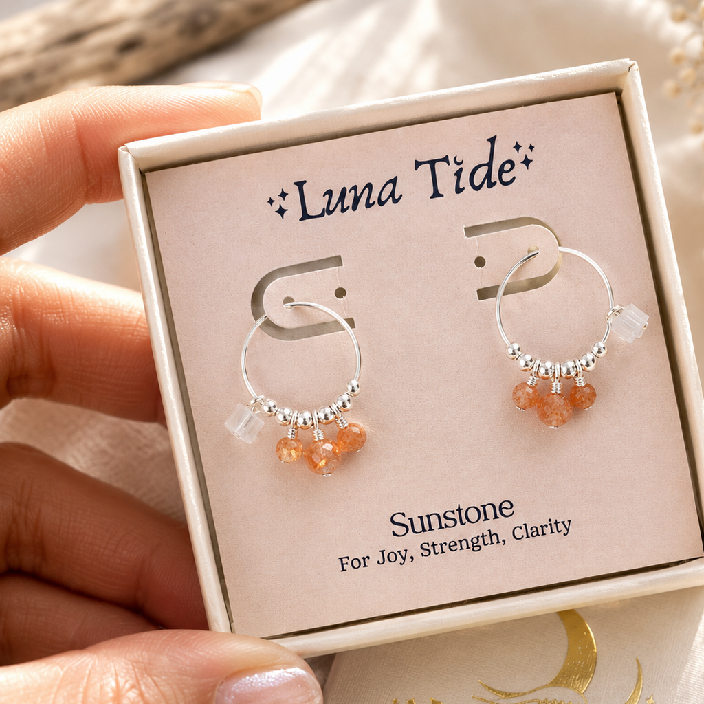 Orange Sunstone Gemstone Bead Drop Hoop Earrings