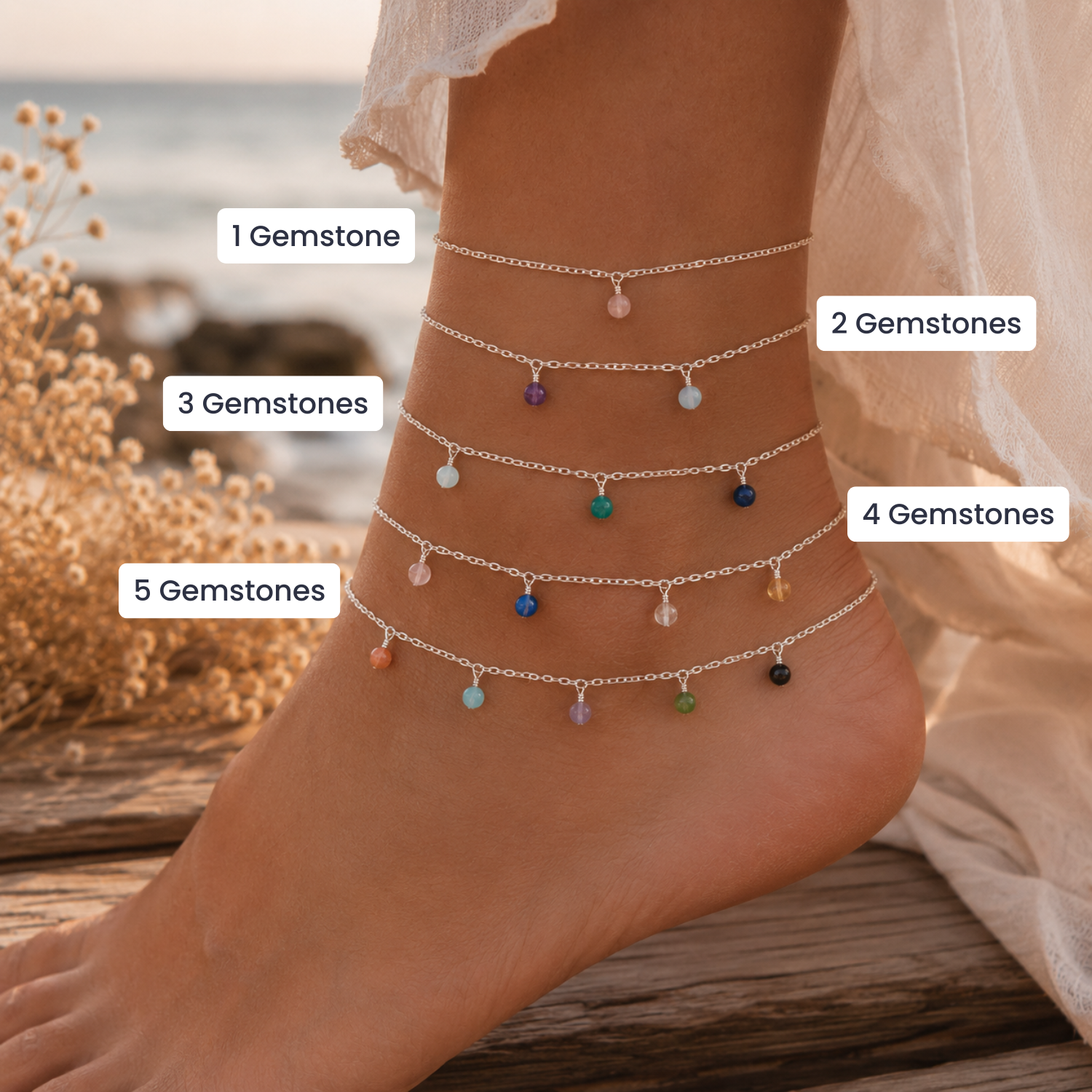 Custom Boho Gemstone Bead Drop Anklet