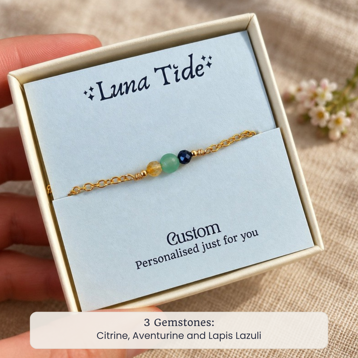 Custom dainty gemstone anklet with Citrine, Aventurine and Lapis Lazuli in a Luna Tide gift box