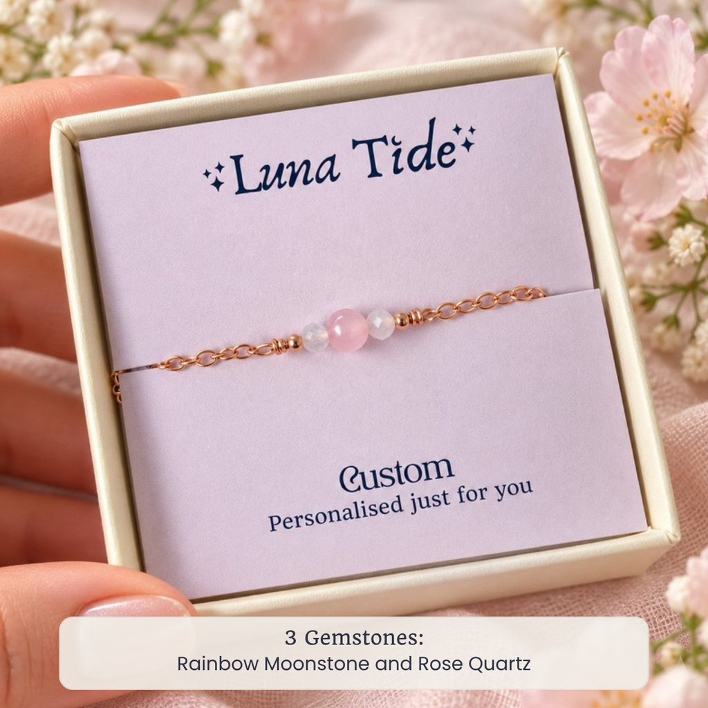Custom dainty gemstone anklet with Rainbow Moonstone and Rose Quartz in a Luna Tide gift box