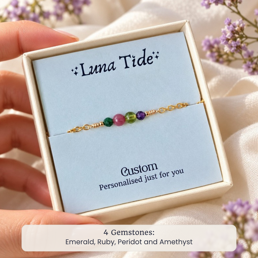 Custom dainty gemstone anklet with Emerald, Ruby, Peridot and Amethyst in a Luna Tide gift box