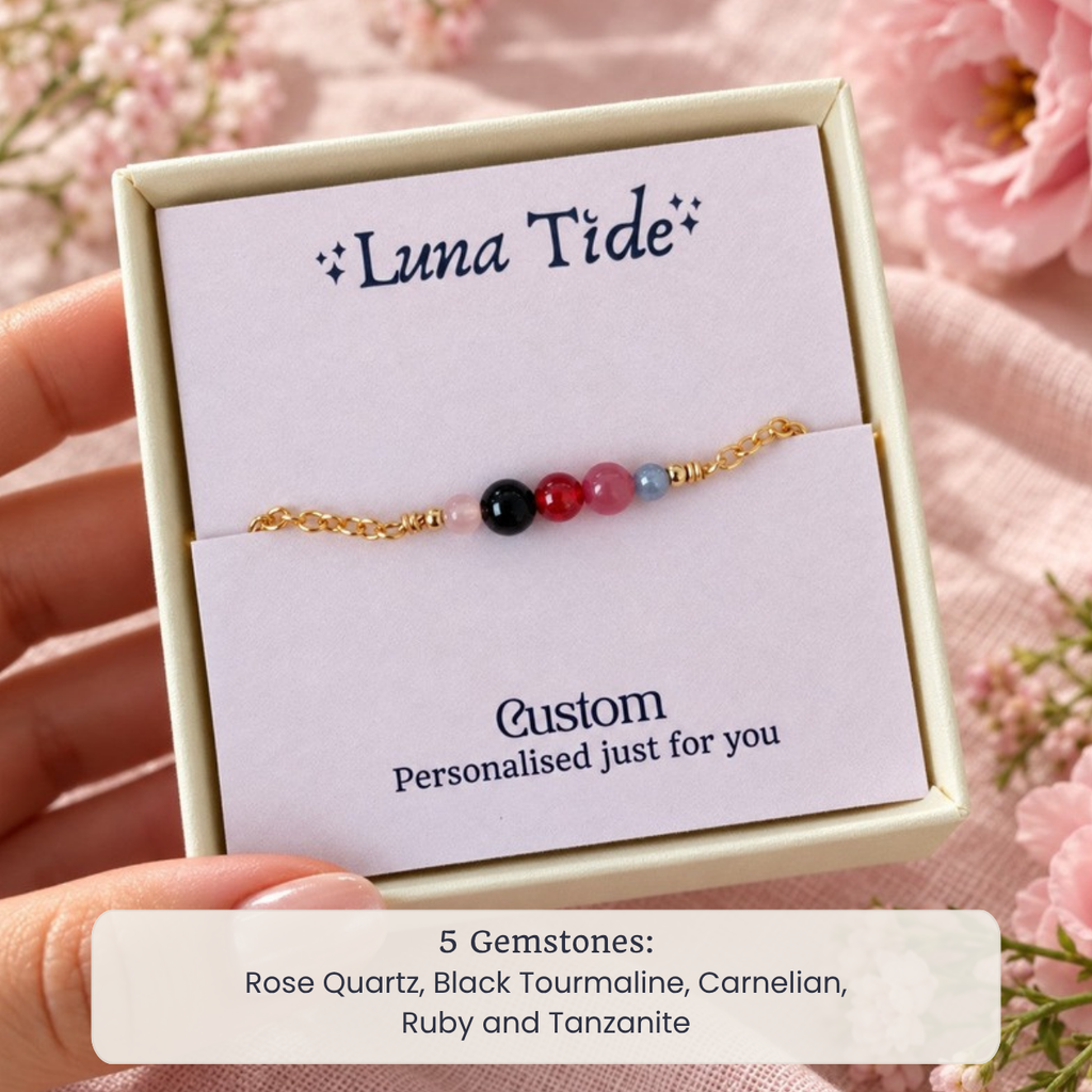 Custom dainty gemstone anklet with Rose Quartz, Black Tourmaline, Carnelian, Ruby and Tanzanite in a Luna Tide gift box