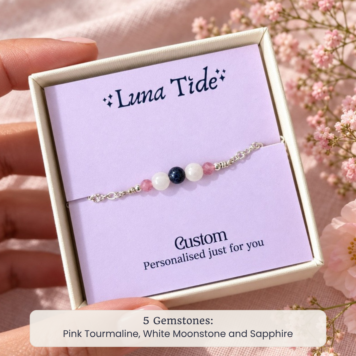 Custom dainty gemstone anklet with Pink Tourmaline, White Moonstone and Sapphire in a Luna Tide gift box