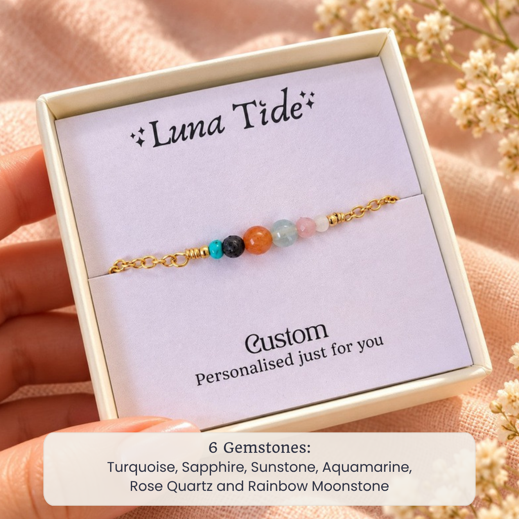 Custom dainty gemstone bracelet with Turquoise, Sapphire, Sunstone, Aquamarine, Rose Quartz and Rainbow Moonstone in a Luna Tide gift box