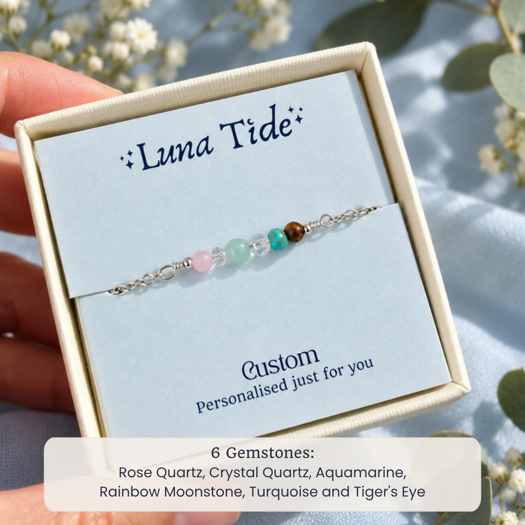Custom dainty gemstone bracelet with Rose Quartz, Crystal Quartz, Aquamarine, Rainbow Moonstone, Turquoise and Tiger's Eye in a Luna Tide gift box