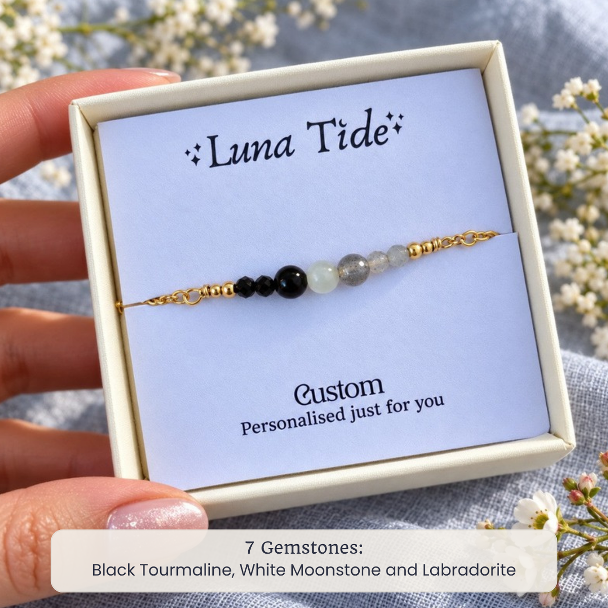 Custom dainty gemstone bracelet with Black Tourmaline, White Moonstone and Labradorite in a Luna Tide gift box