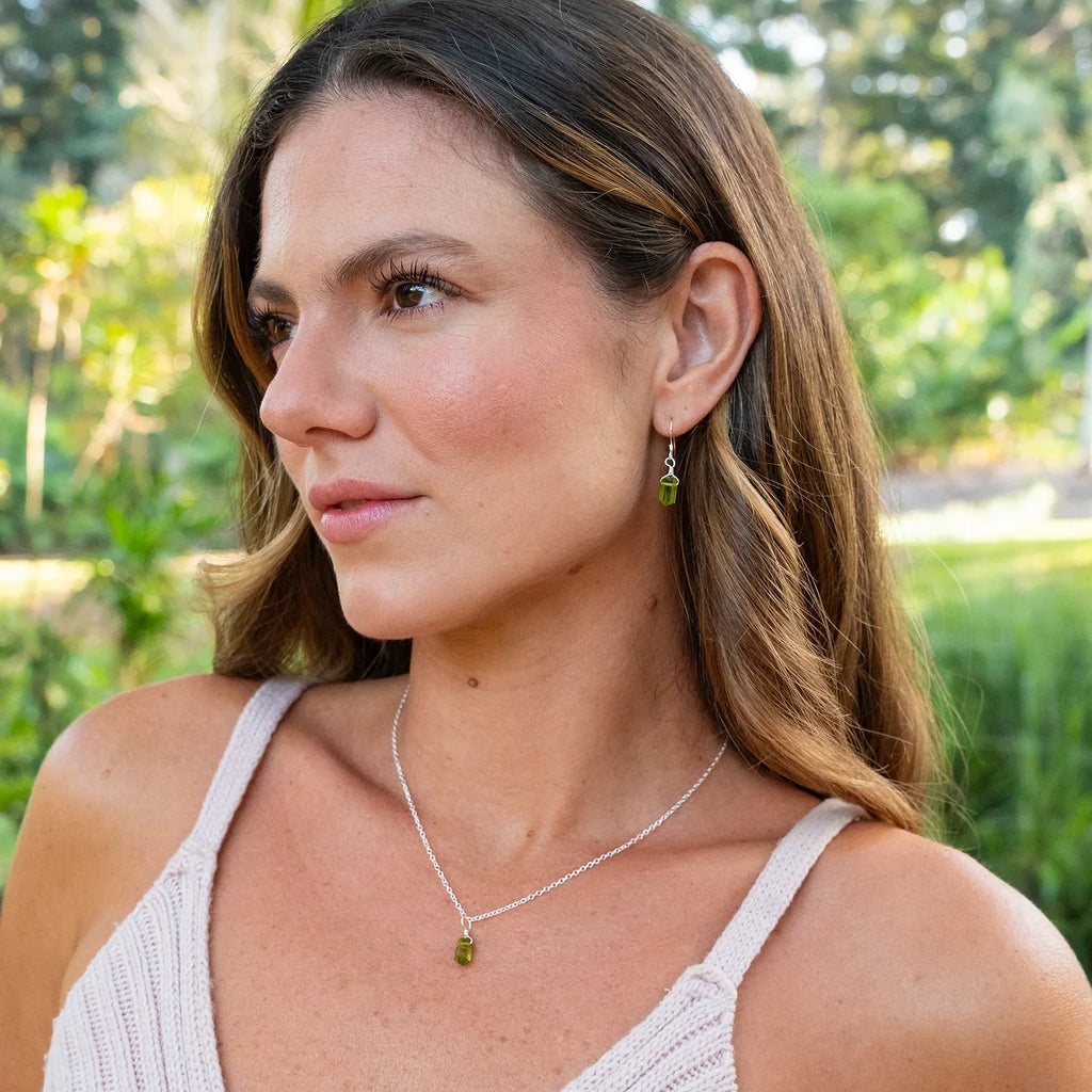 Peridot Mini Double Terminated Crystal Point Dangle Drop Earrings