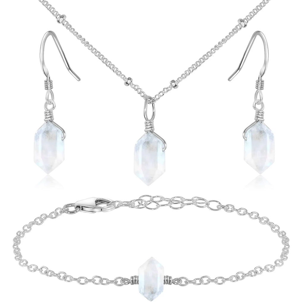 Rainbow Moonstone Double Terminated Crystal Jewellery Set - Rainbow Moonstone Double Terminated Crystal Jewellery Set - Sterling Silver / Necklace & Earrings & Bracelet / Satellite - Luna Tide Handmade Crystal Jewellery