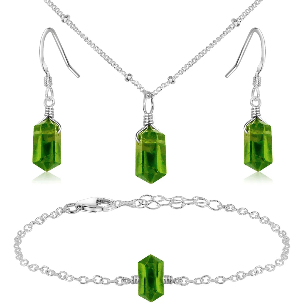Peridot Double Terminated Crystal Jewellery Set - Peridot Double Terminated Crystal Jewellery Set - Sterling Silver / Necklace & Earrings & Bracelet / Satellite - Luna Tide Handmade Crystal Jewellery