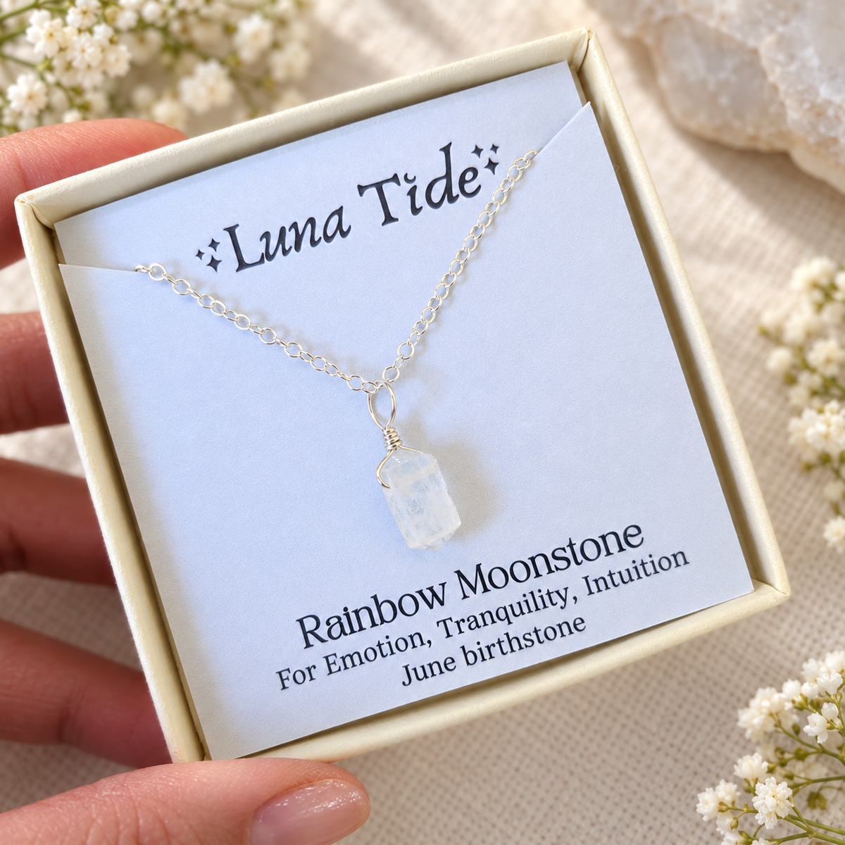 Rainbow Moonstone Mini Double Terminated Crystal Point Pendant Choker Necklace