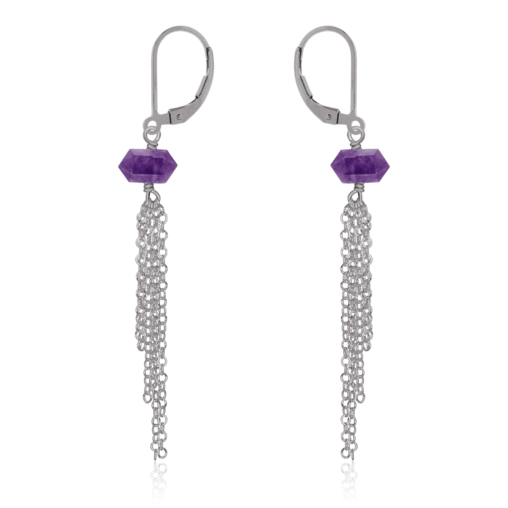 Amethyst Double Terminated Crystal Point Tassel Earrings - Amethyst Double Terminated Crystal Point Tassel Earrings - Stainless Steel - Luna Tide Handmade Crystal Jewellery