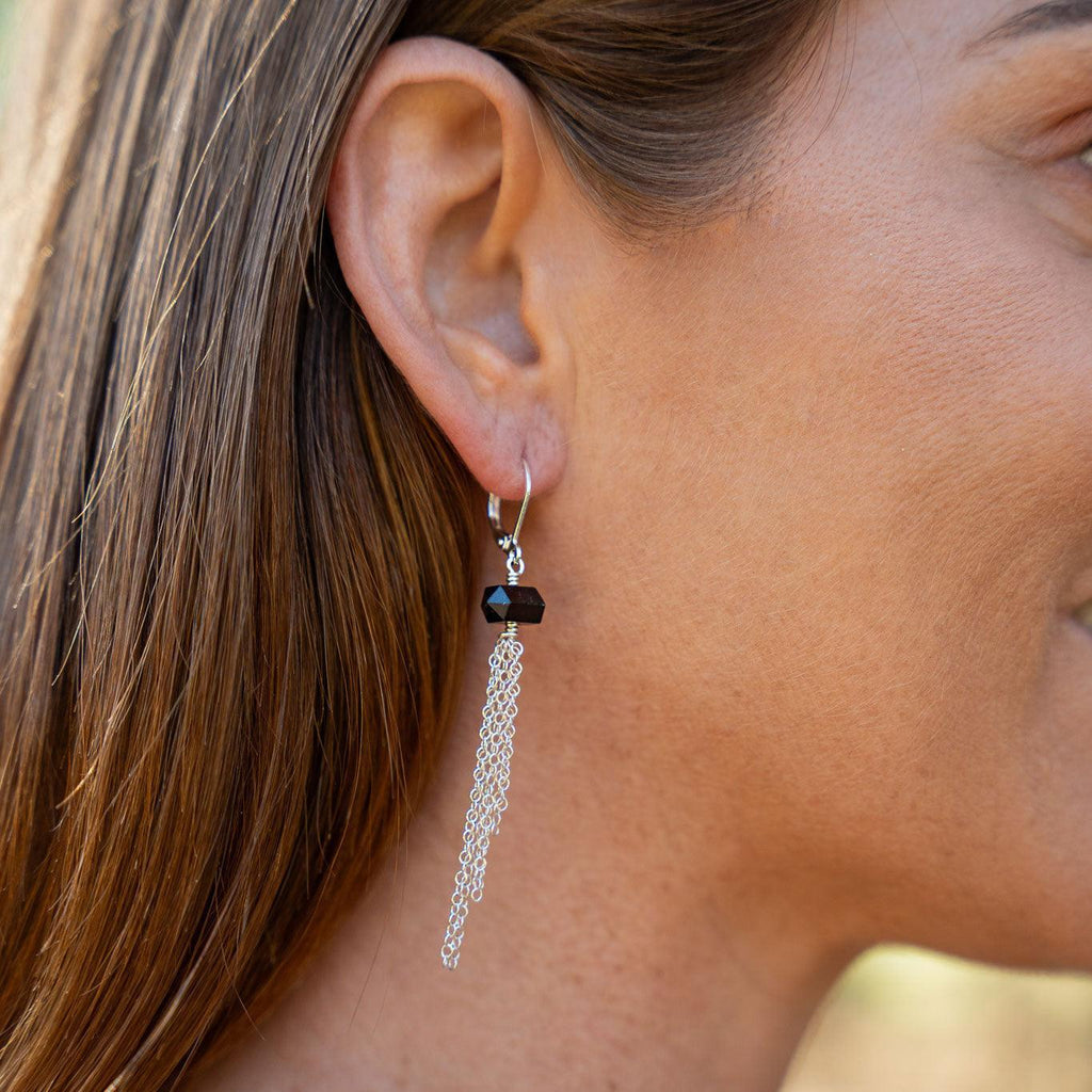 Black Tourmaline Double Terminated Crystal Point Tassel Earrings - Black Tourmaline Double Terminated Crystal Point Tassel Earrings - Sterling Silver - Luna Tide Handmade Crystal Jewellery