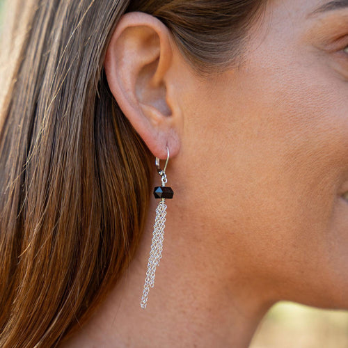 Black Tourmaline Double Terminated Crystal Point Tassel Earrings - Black Tourmaline Double Terminated Crystal Point Tassel Earrings - Sterling Silver - Luna Tide Handmade Crystal Jewellery