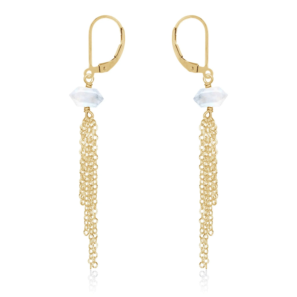 Rainbow Moonstone Double Terminated Crystal Point Tassel Earrings - Rainbow Moonstone Double Terminated Crystal Point Tassel Earrings - 14k Gold Fill - Luna Tide Handmade Crystal Jewellery