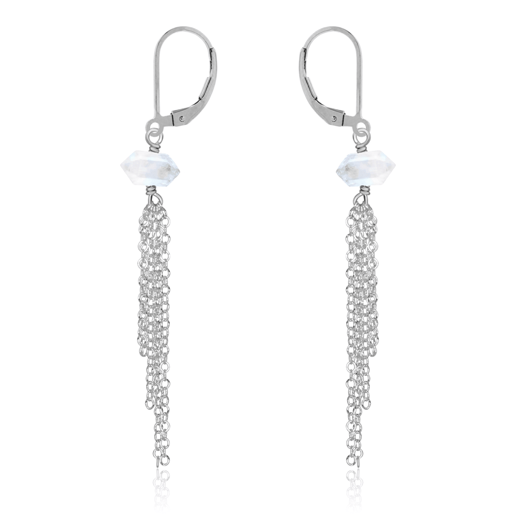 Rainbow Moonstone Double Terminated Crystal Point Tassel Earrings - Rainbow Moonstone Double Terminated Crystal Point Tassel Earrings - Sterling Silver - Luna Tide Handmade Crystal Jewellery