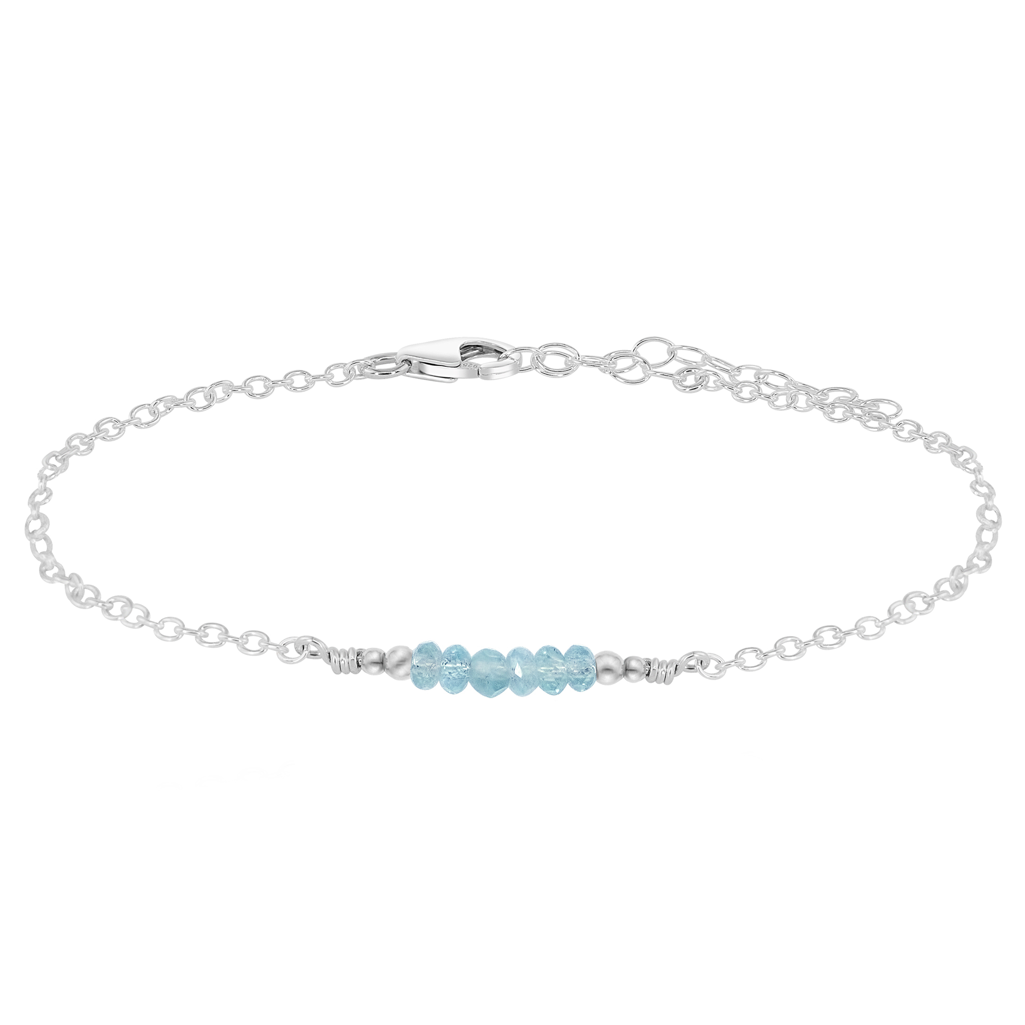 Sparkling Aquamarine Gemstone Faceted Bead Bar Anklet - Sparkling Aquamarine Gemstone Faceted Bead Bar Anklet - Sterling Silver - Luna Tide Handmade Crystal Jewellery