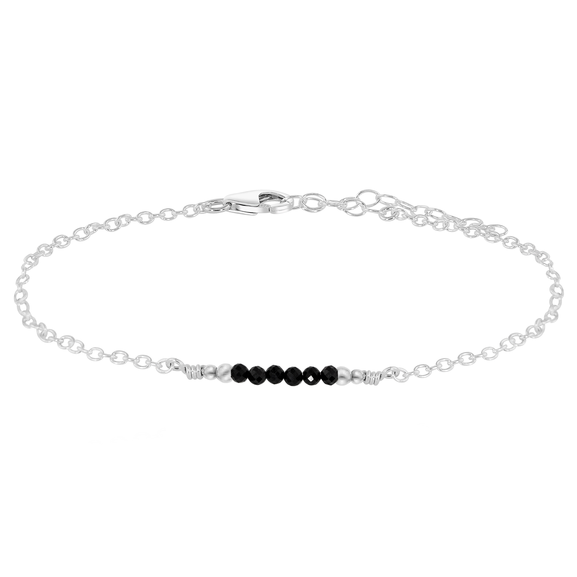 Sparkling Black Tourmaline Gemstone Faceted Bead Bar Anklet - Sparkling Black Tourmaline Gemstone Faceted Bead Bar Anklet - Sterling Silver - Luna Tide Handmade Crystal Jewellery