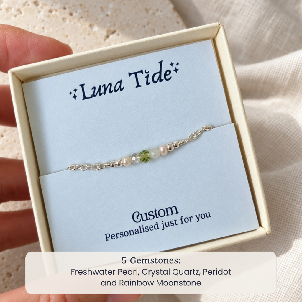 Custom faceted bead bar anklet with Freshwater Pearl, Crystal Quartz, Peridot and Rainbow Moonstone in a Luna Tide gift box