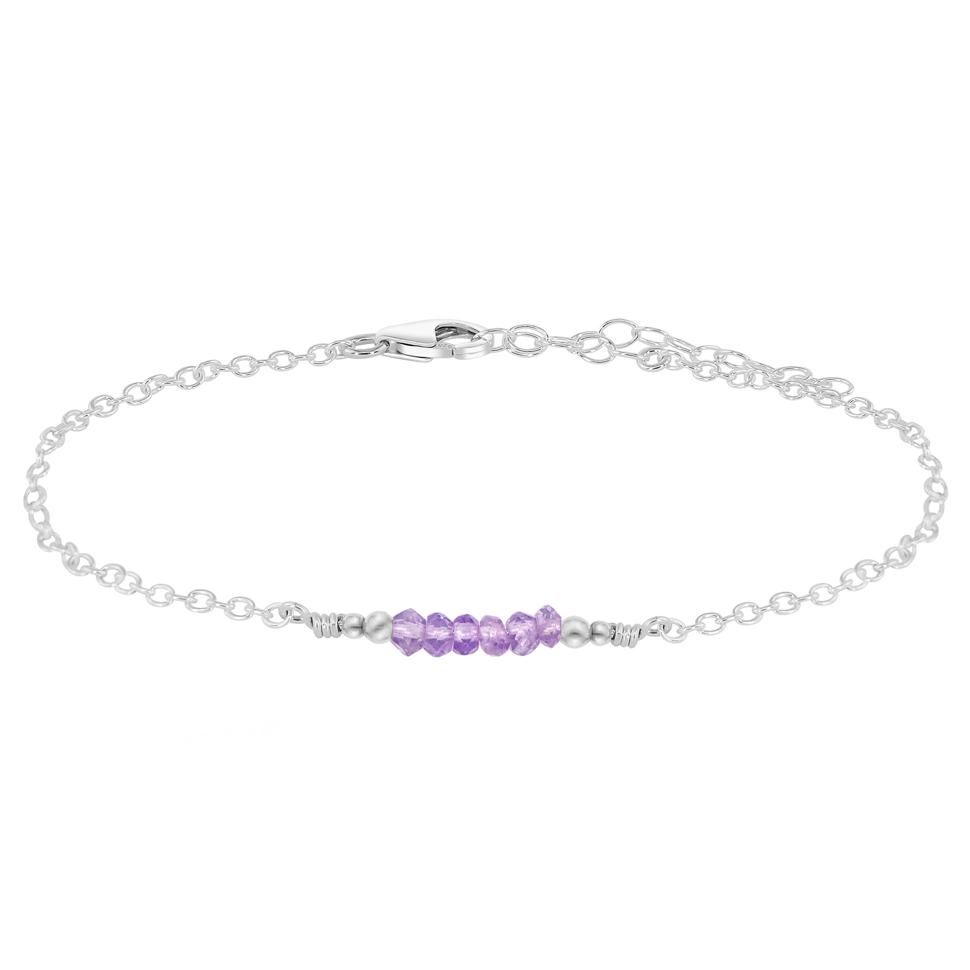 Sparkling Pink Amethyst Gemstone Faceted Bead Bar Anklet - Sparkling Pink Amethyst Gemstone Faceted Bead Bar Anklet - Sterling Silver - Luna Tide Handmade Crystal Jewellery