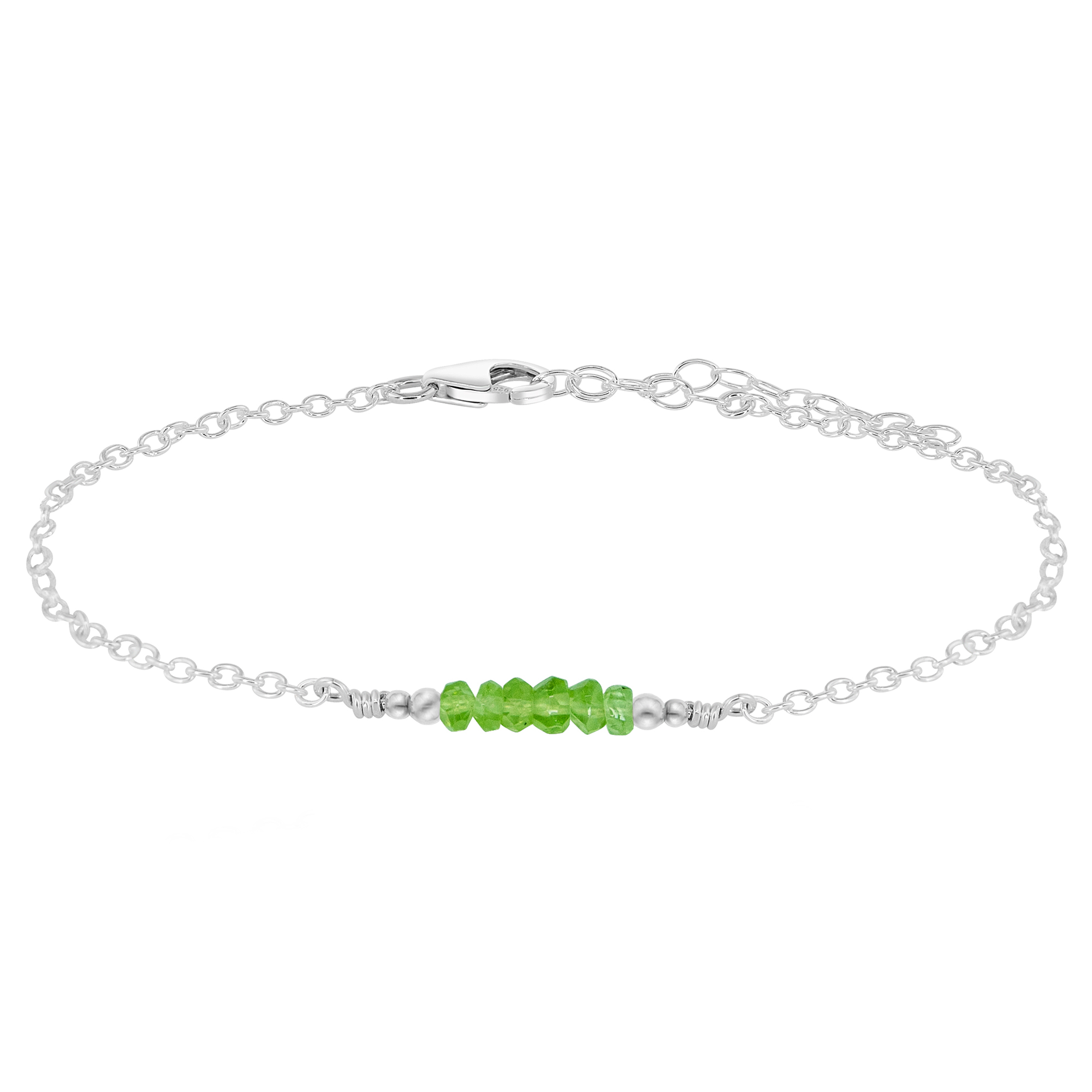 Sparkling Peridot Gemstone Faceted Bead Bar Anklet - Sparkling Peridot Gemstone Faceted Bead Bar Anklet - Sterling Silver - Luna Tide Handmade Crystal Jewellery