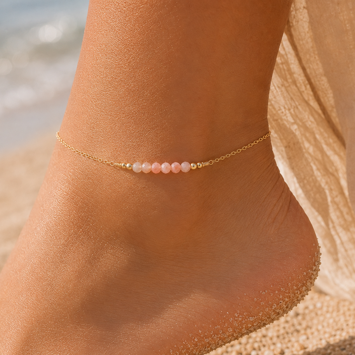 Sparkling Pink Peruvian Opal Gemstone Faceted Bead Bar Anklet - Sparkling Pink Peruvian Opal Gemstone Faceted Bead Bar Anklet - 14k Gold Fill - Luna Tide Handmade Crystal Jewellery
