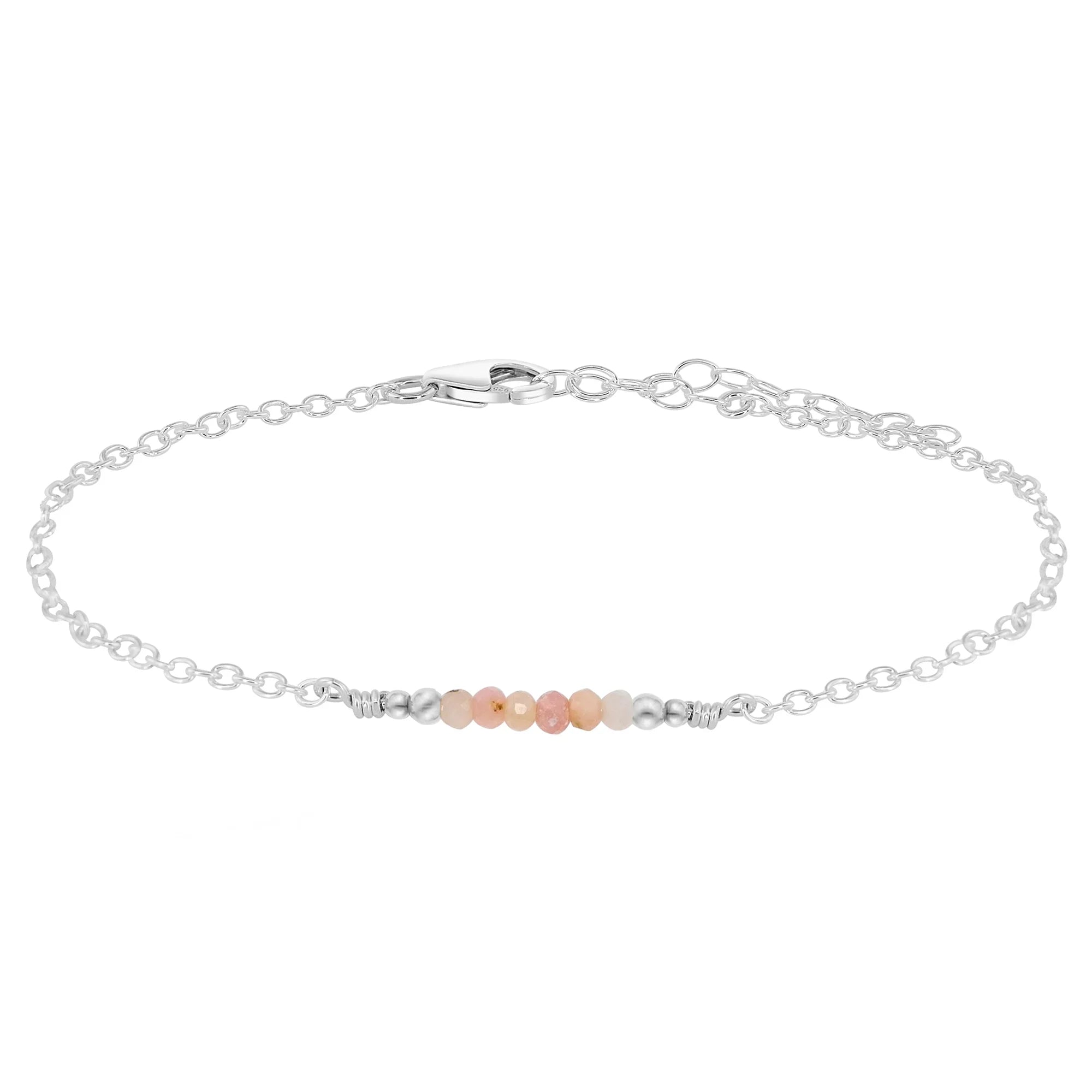 Sparkling Pink Peruvian Opal Gemstone Faceted Bead Bar Anklet - Sparkling Pink Peruvian Opal Gemstone Faceted Bead Bar Anklet - Sterling Silver - Luna Tide Handmade Crystal Jewellery