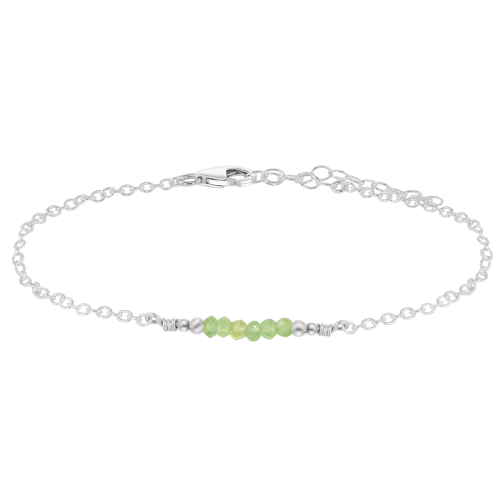Sparkling Prehnite Gemstone Faceted Bead Bar Anklet - Sparkling Prehnite Gemstone Faceted Bead Bar Anklet - Sterling Silver - Luna Tide Handmade Crystal Jewellery