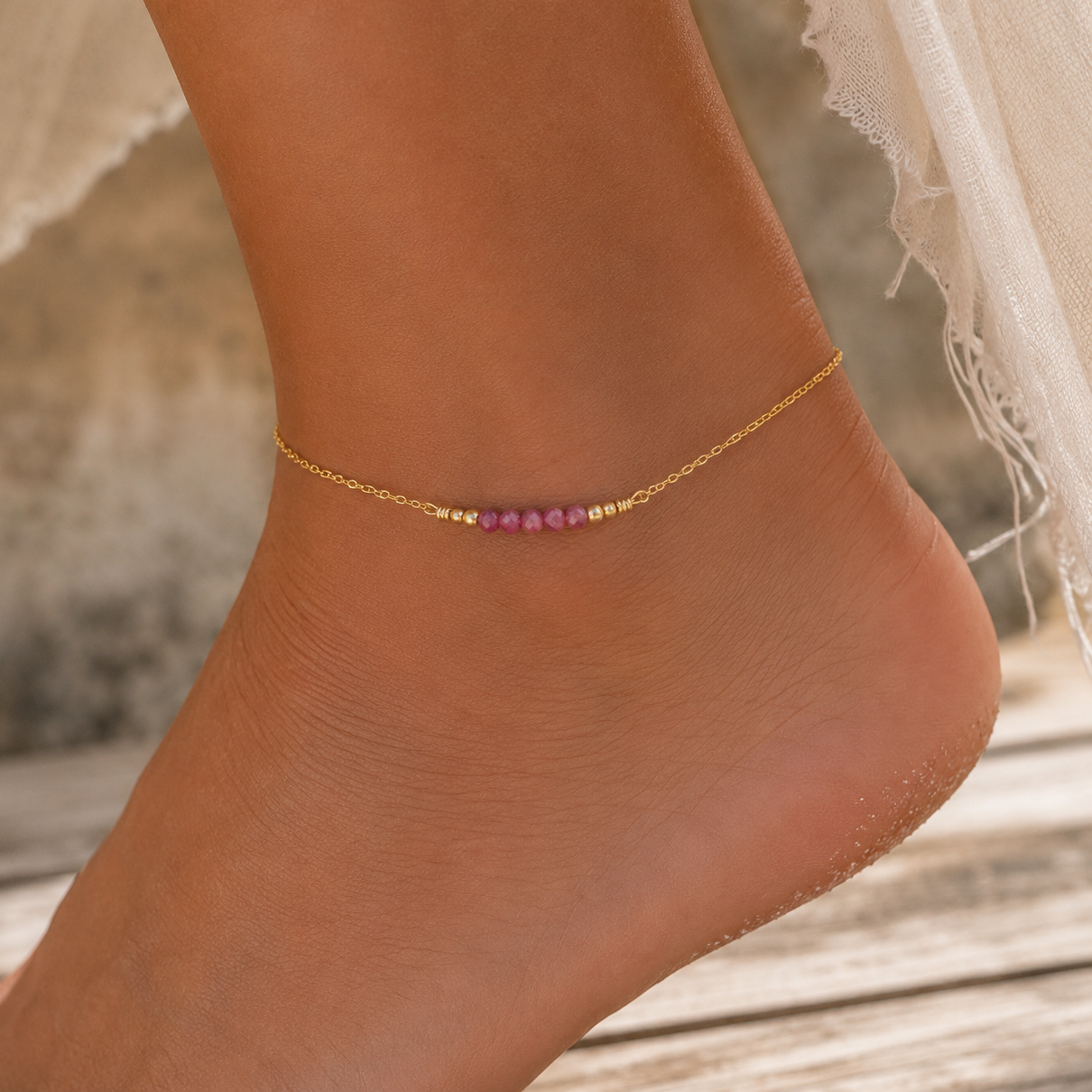 Sparkling Pink Tourmaline Gemstone Faceted Bead Bar Anklet