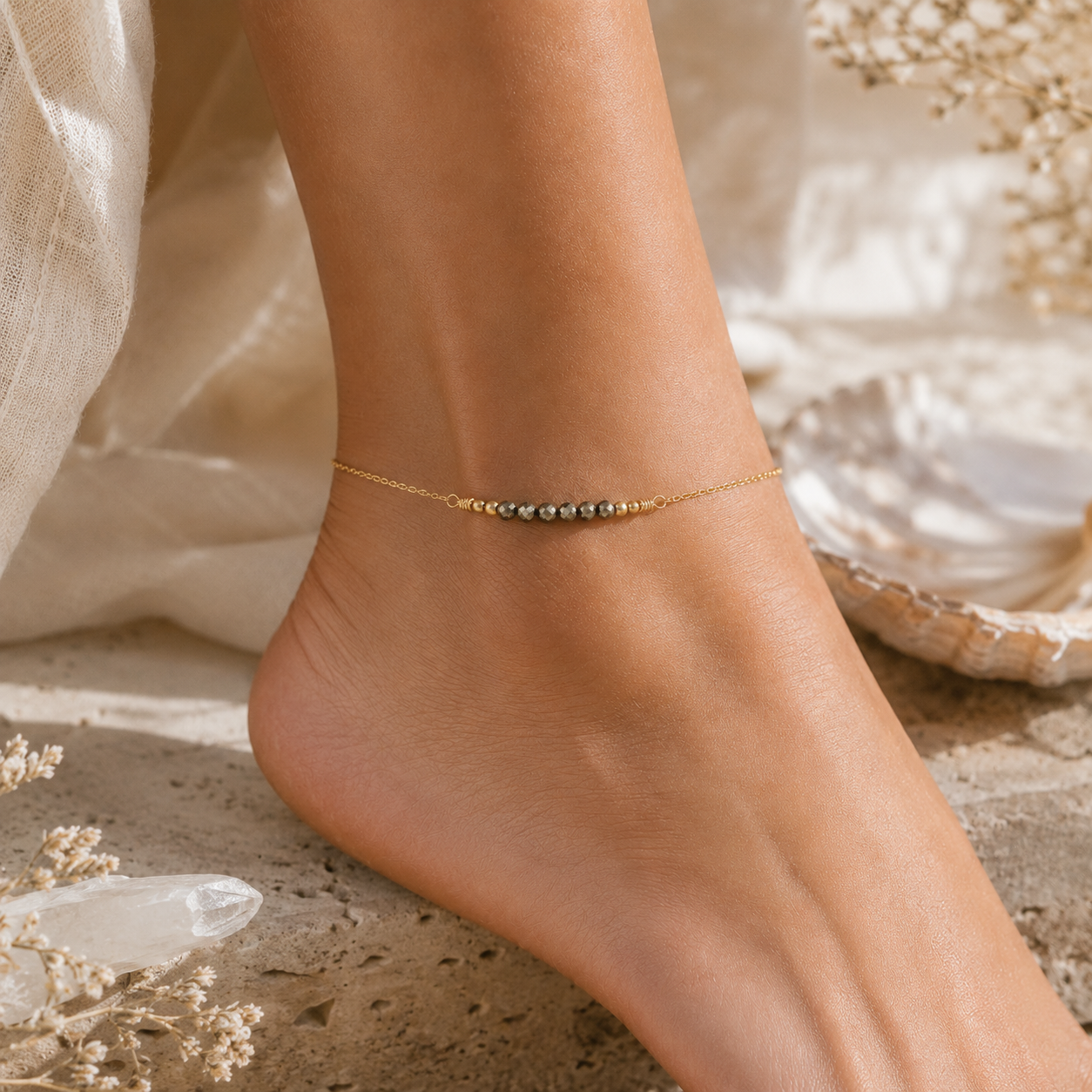 Sparkling Pyrite Gemstone Faceted Bead Bar Anklet