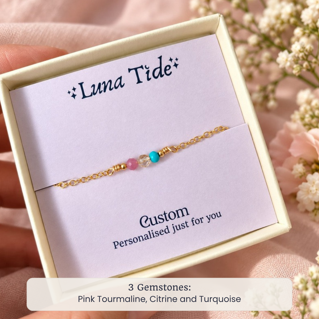 Custom faceted bead bar bracelet with Pink Tourmaline, Citrine and Turquoise in a Luna Tide gift box