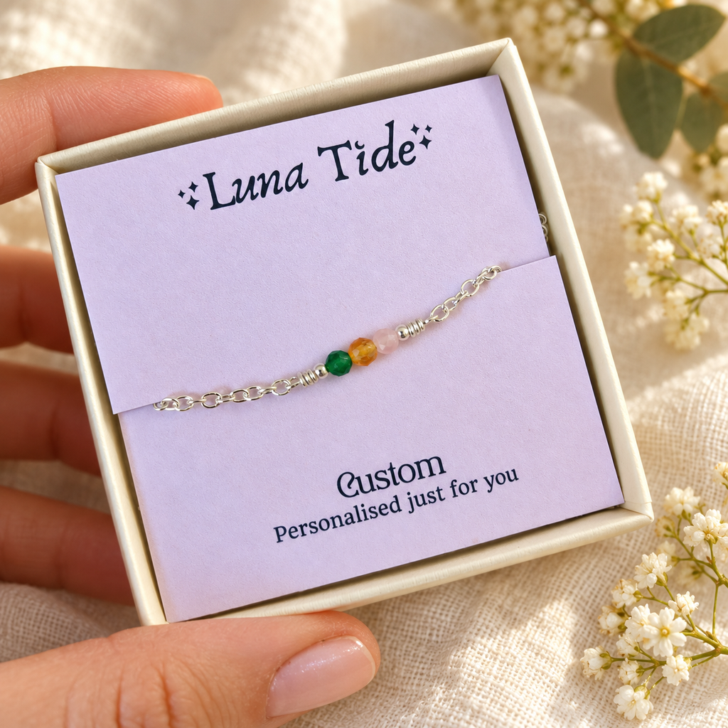 Custom faceted bead bar bracelet with Emerald, Citrine and Rose Quartz in a Luna Tide gift box
