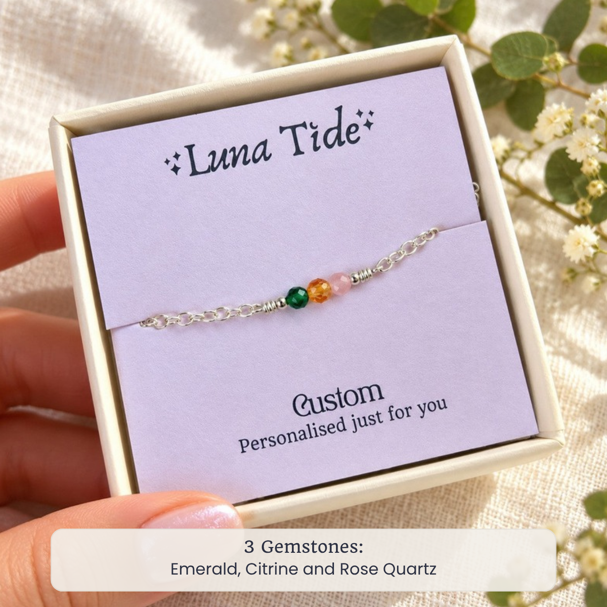 Custom faceted bead bar bracelet with Emerald, Citrine and Rose Quartz in a Luna Tide gift box