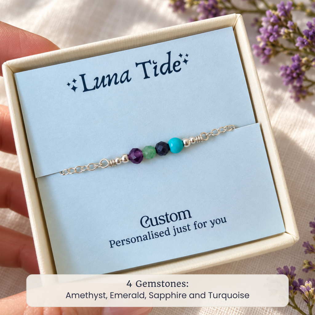 Custom faceted bead bar bracelet with 4 Gemstones: Amethyst, Emerald, Sapphire and Turquoise