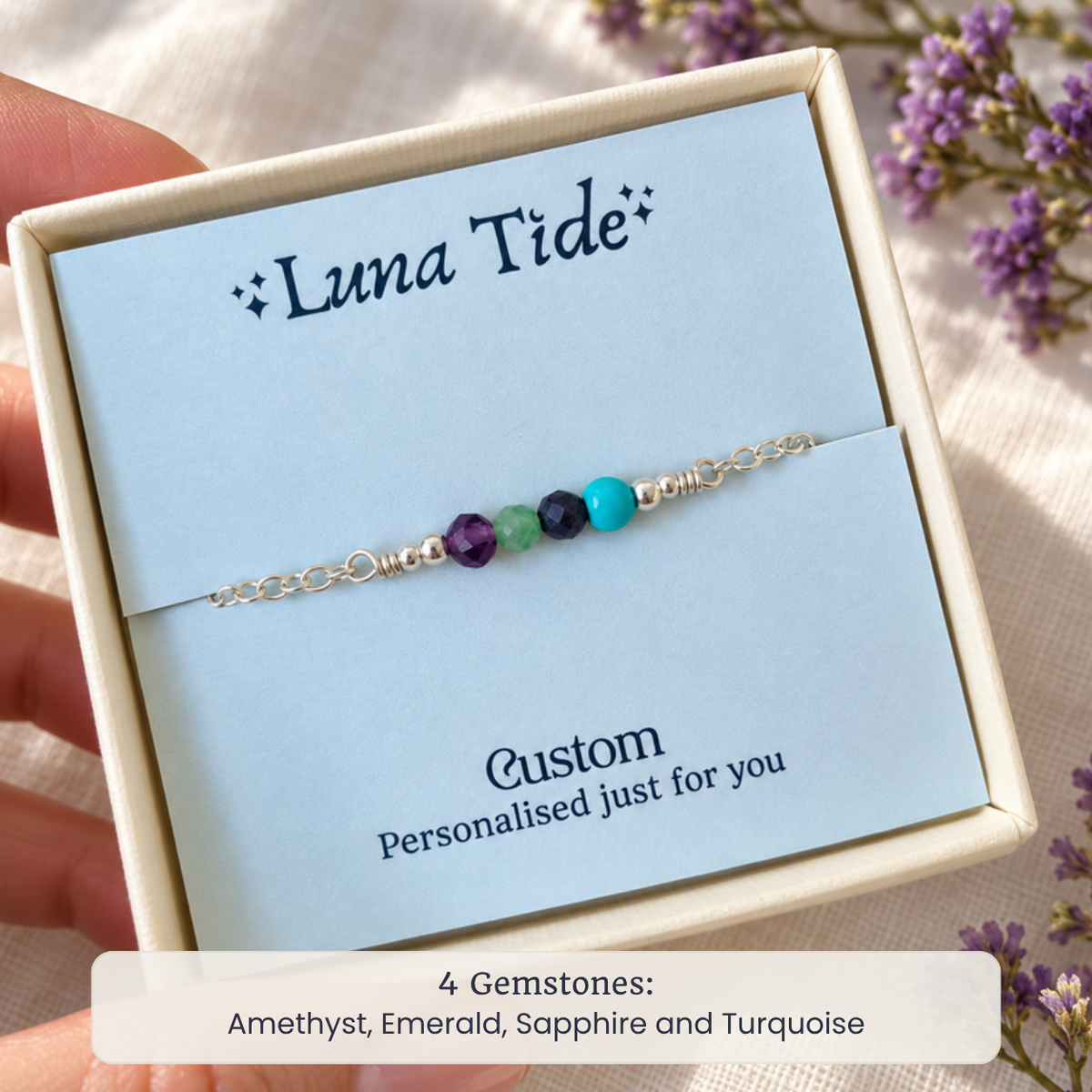 Custom faceted bead bar bracelet with 4 Gemstones: Amethyst, Emerald, Sapphire and Turquoise