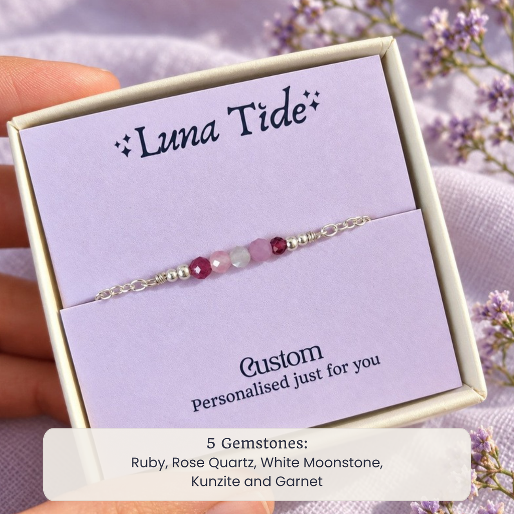 Custom faceted bead bar bracelet with Ruby, Rose Quartz, White Moonstone, Kunzite and Garnet in a Luna Tide gift box