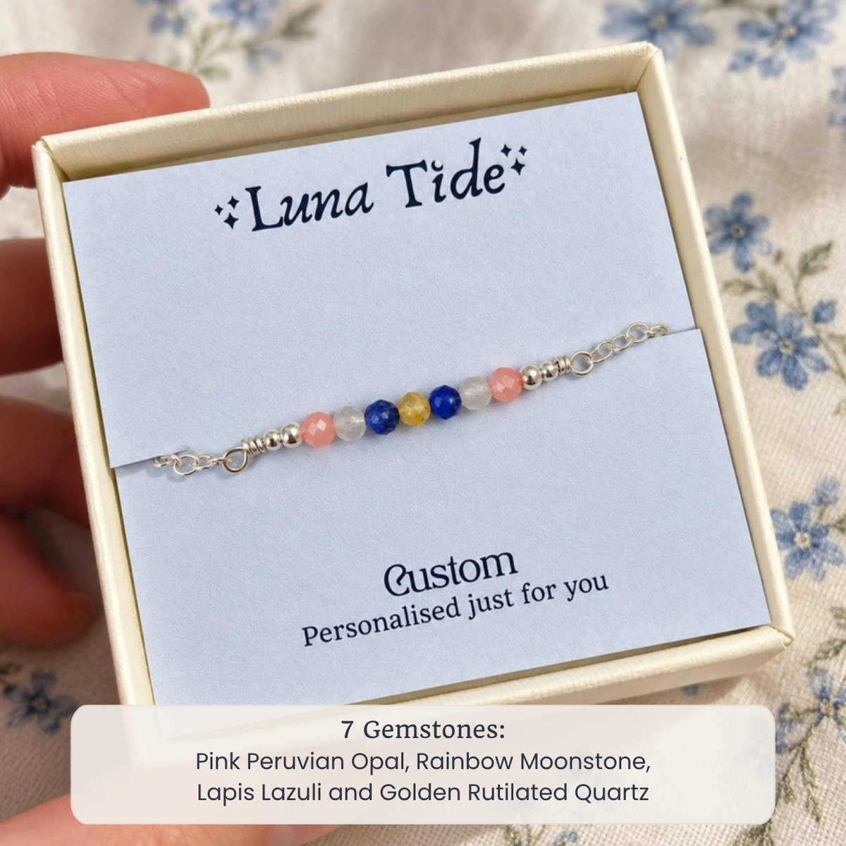 Custom faceted bead bar bracelet with Pink Peruvian Opal, Rainbow Moonstone, Lapis Lazuli and Golden Rutilated Quartz in a Luna Tide gift box