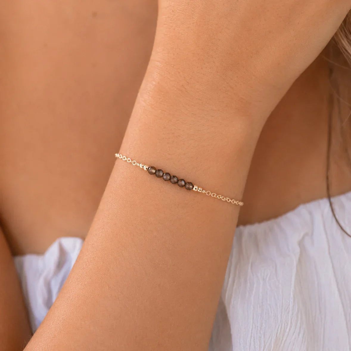 Sparkling Smoky Quartz Gemstone Faceted Bead Bar Bracelet
