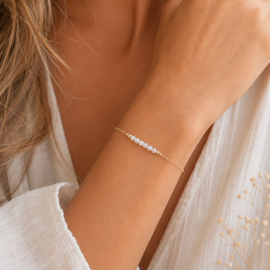 Sparkling White Moonstone Gemstone Faceted Bead Bar Bracelet