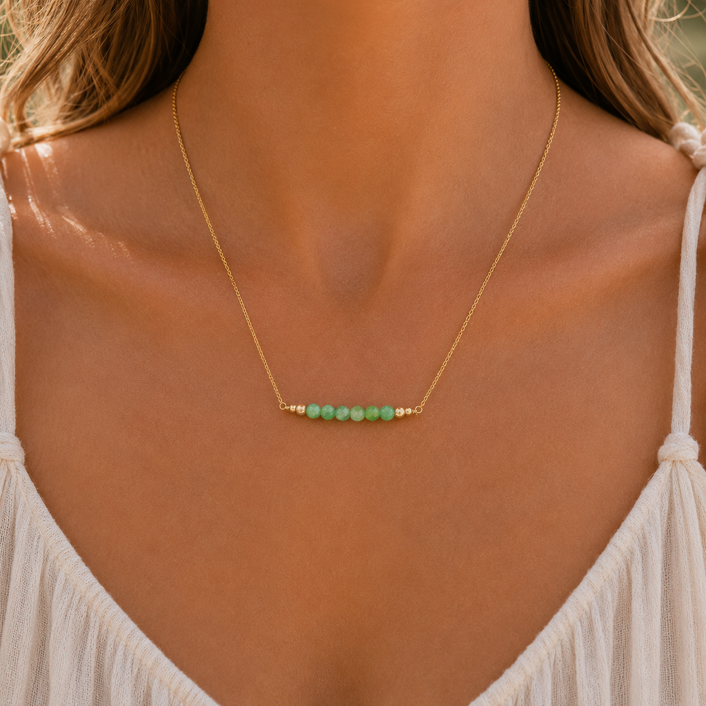 Sparkling Chrysoprase Faceted Bead Bar Necklace - Sparkling Chrysoprase Faceted Bead Bar Necklace - 14k Gold Fill - Luna Tide Handmade Crystal Jewellery