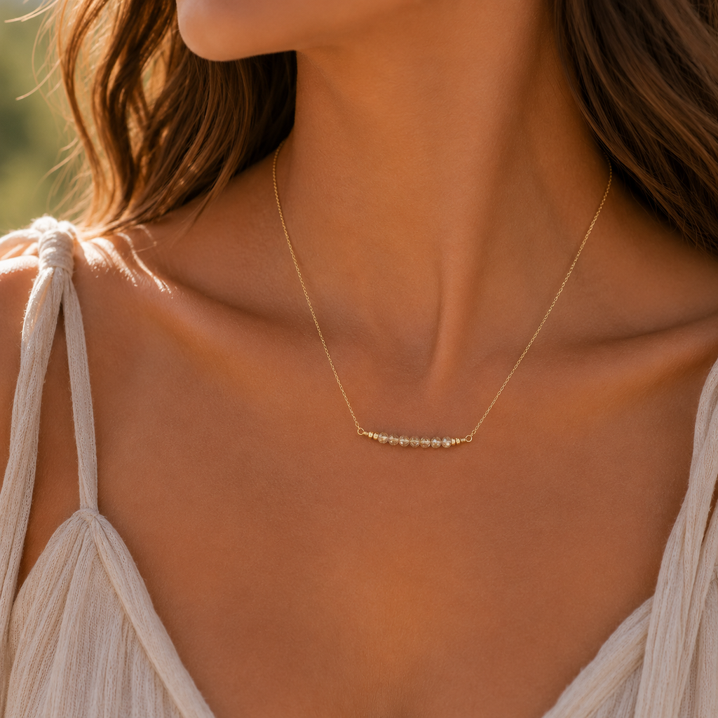 Sparkling Golden Rutilated Quartz Faceted Bead Bar Necklace