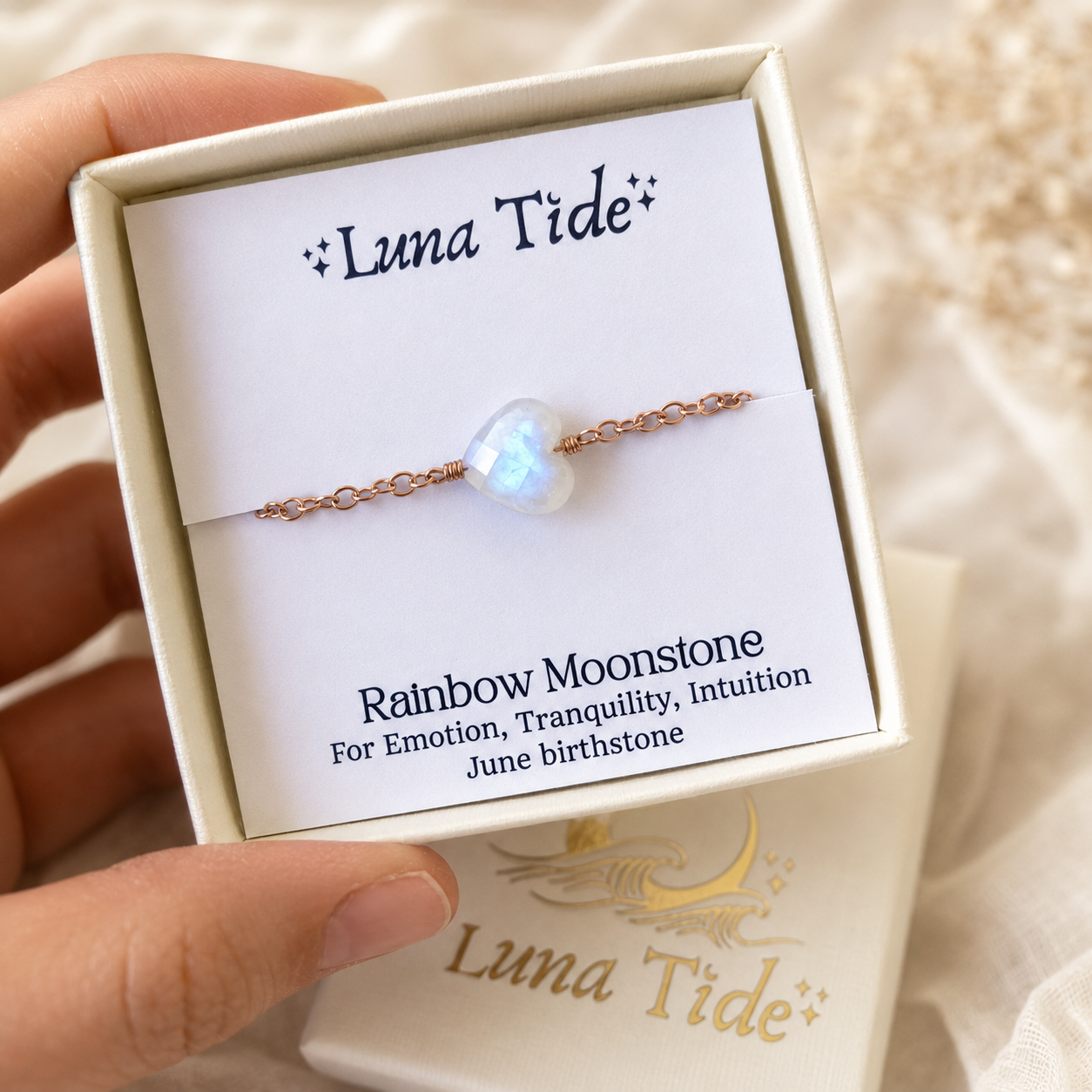 Rainbow Moonstone Crystal Heart Bracelet