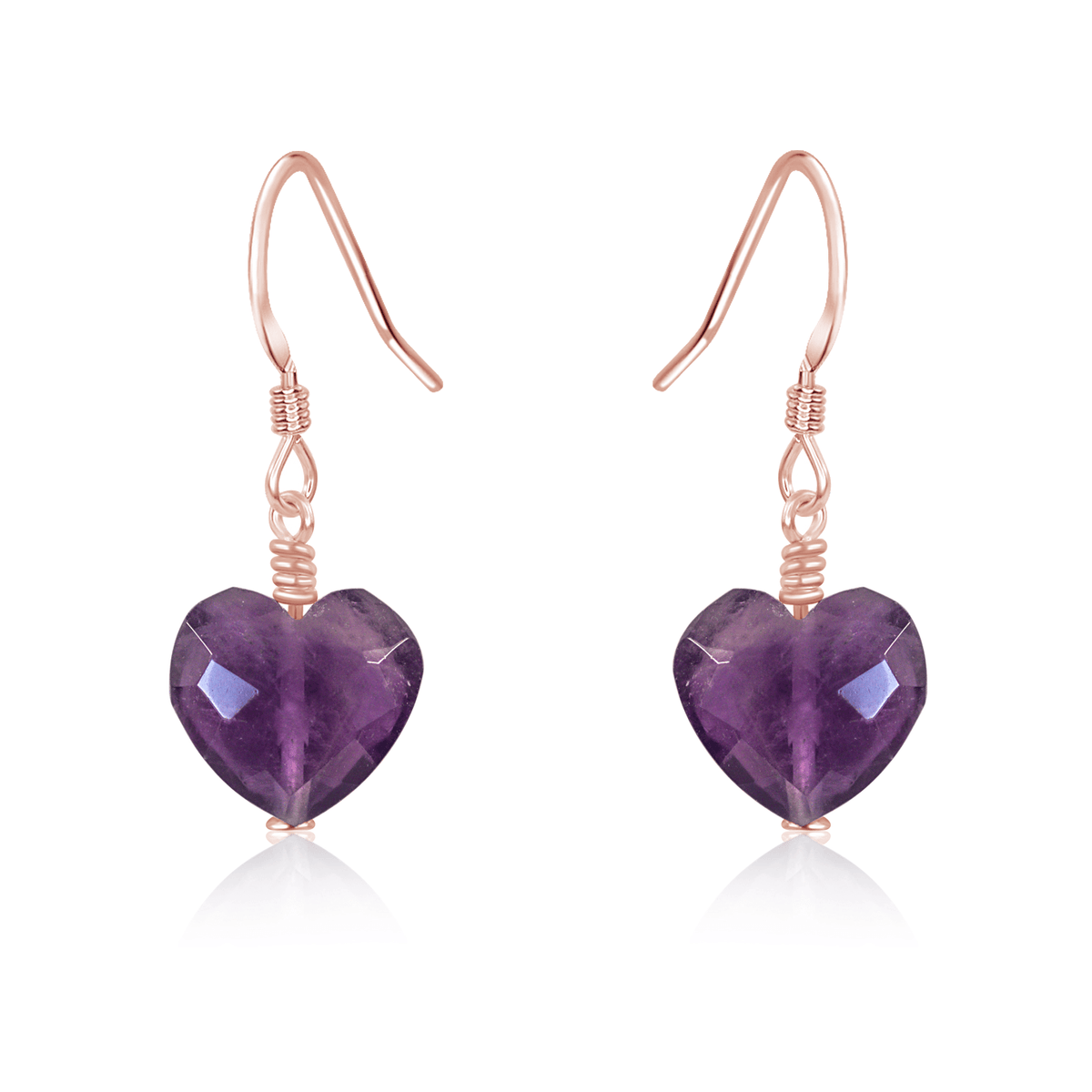 Amethyst Crystal Heart Dangle Earrings - Amethyst Crystal Heart Dangle Earrings - 14k Rose Gold Fill - Luna Tide Handmade Crystal Jewellery