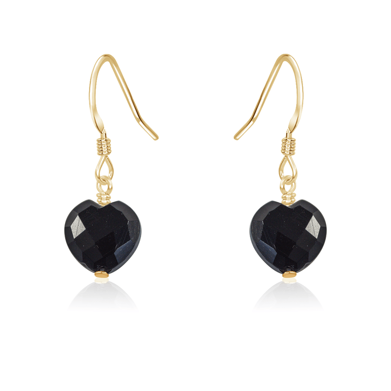 Black Onyx Crystal Heart Dangle Earrings - Black Onyx Crystal Heart Dangle Earrings - 14k Gold Fill - Luna Tide Handmade Crystal Jewellery