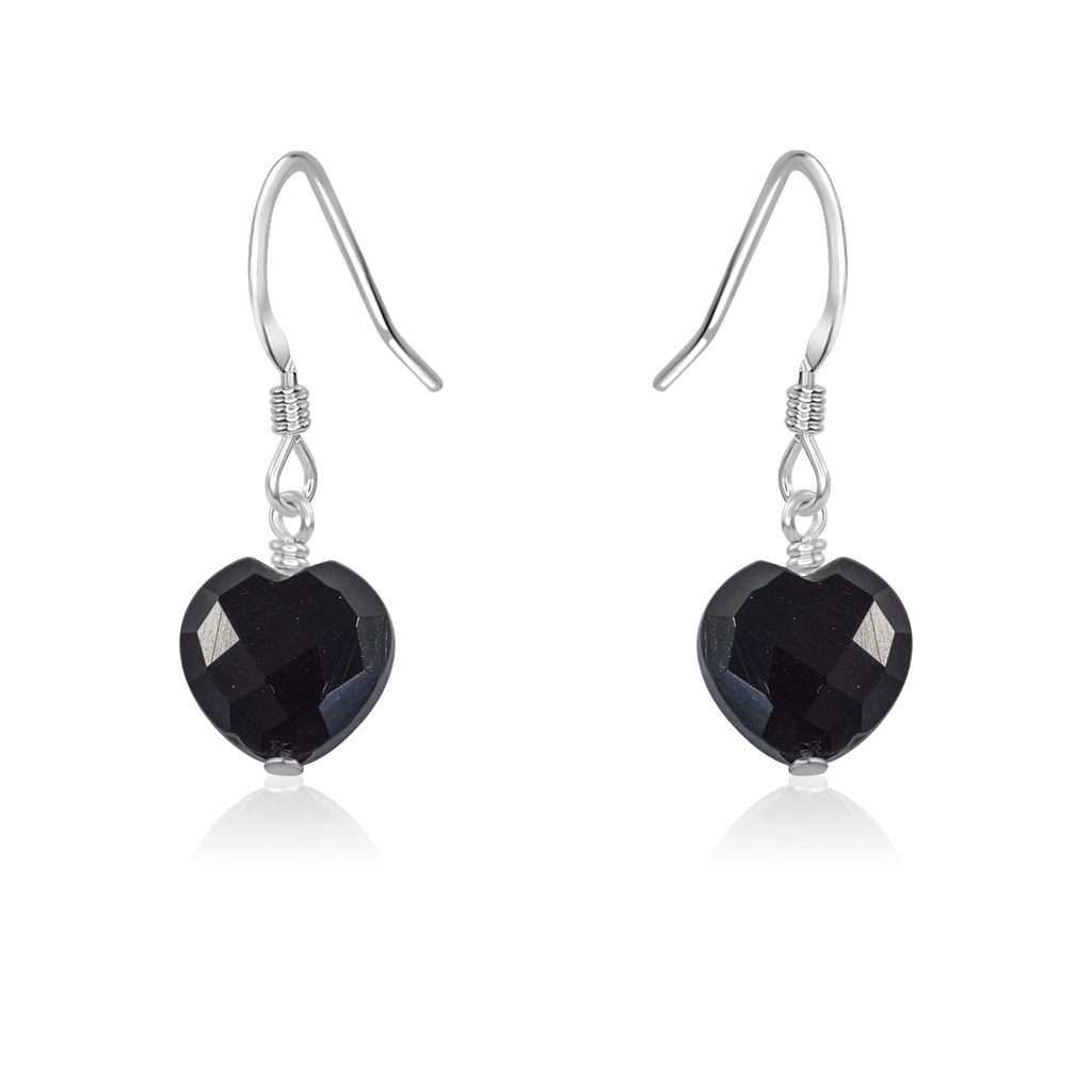 Black Onyx Crystal Heart Dangle Earrings - Black Onyx Crystal Heart Dangle Earrings - Sterling Silver - Luna Tide Handmade Crystal Jewellery