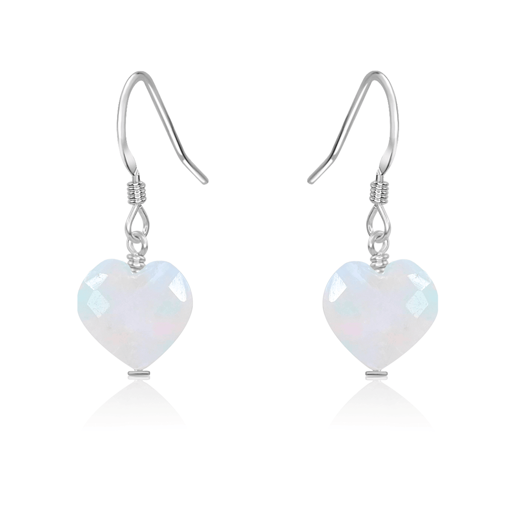 Rainbow Moonstone Crystal Heart Dangle Earrings - Rainbow Moonstone Crystal Heart Dangle Earrings - Sterling Silver - Luna Tide Handmade Crystal Jewellery
