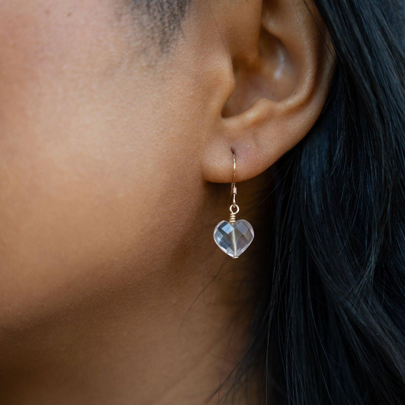 Rose Quartz Crystal Heart Dangle Earrings - Rose Quartz Crystal Heart Dangle Earrings - 14k Gold Fill - Luna Tide Handmade Crystal Jewellery
