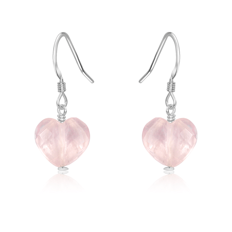 Rose Quartz Crystal Heart Dangle Earrings - Rose Quartz Crystal Heart Dangle Earrings - Sterling Silver - Luna Tide Handmade Crystal Jewellery