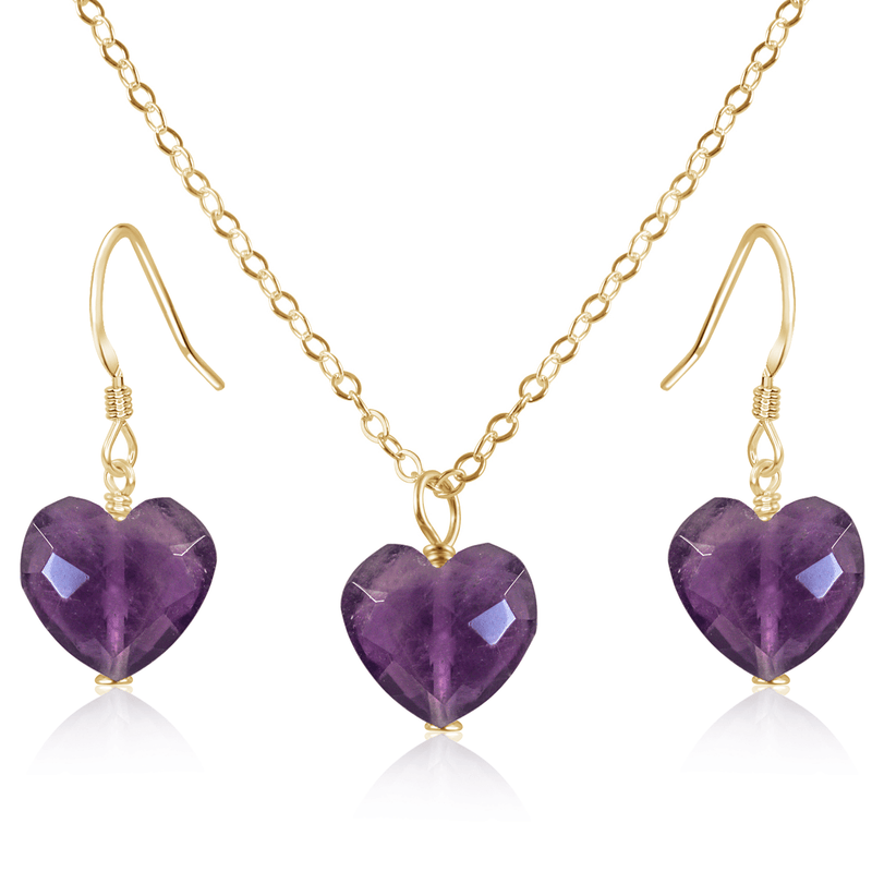 Amethyst Crystal Heart Jewellery Set - Amethyst Crystal Heart Jewellery Set - 14k Gold Fill / Cable / Necklace & Earrings - Luna Tide Handmade Crystal Jewellery