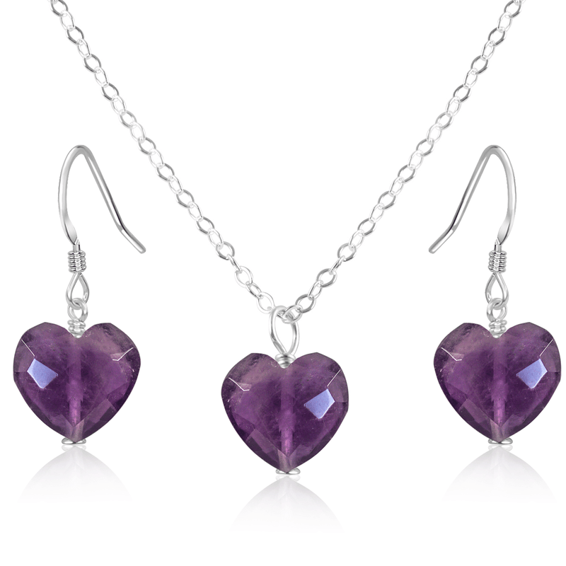 Amethyst Crystal Heart Jewellery Set - Amethyst Crystal Heart Jewellery Set - Sterling Silver / Cable / Necklace & Earrings - Luna Tide Handmade Crystal Jewellery